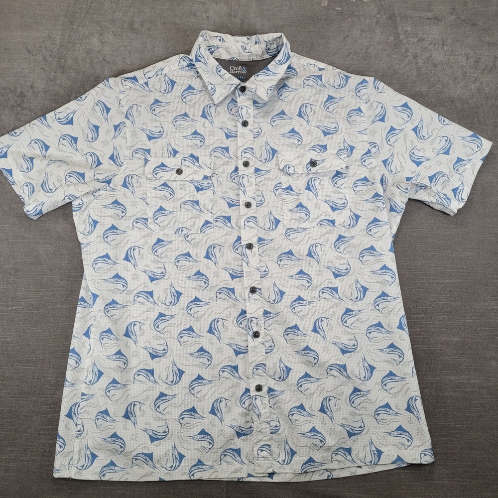 Craft &‎ Barrow Quick Dry Mens Short Sleeve Button Shirt Fish Print Size Large